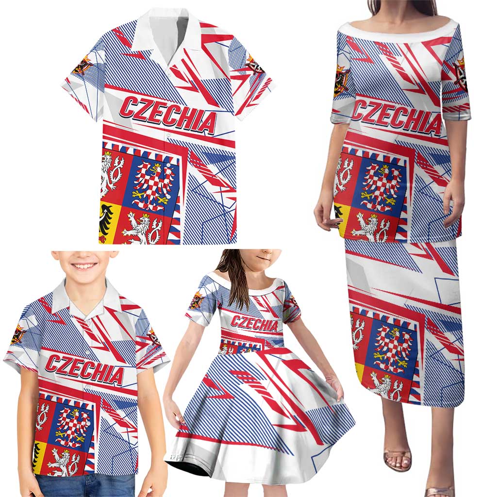 Coat Of Arms Czechia Family Matching Puletasi and Hawaiian Shirt Czech Republic Sporty Geometric - Wonder Print Shop