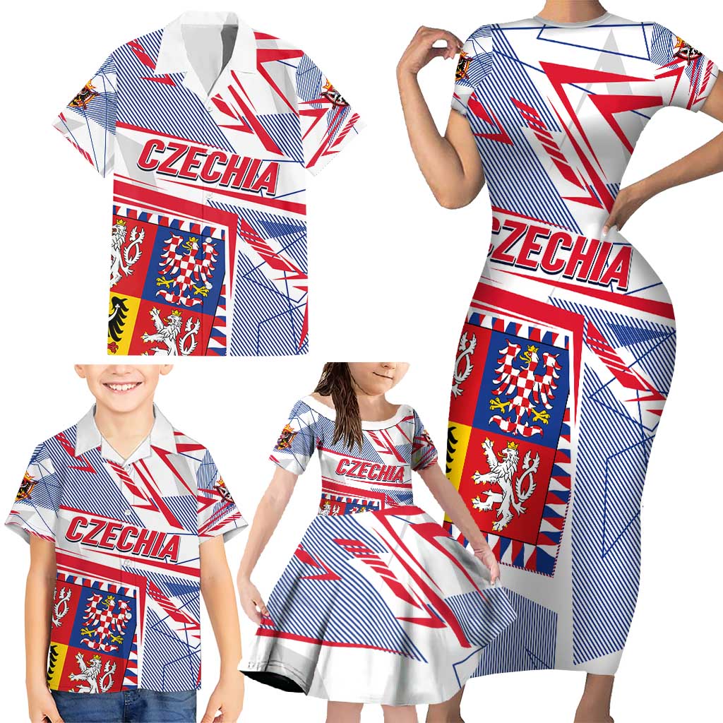 Coat Of Arms Czechia Family Matching Short Sleeve Bodycon Dress and Hawaiian Shirt Czech Republic Sporty Geometric - Wonder Print Shop