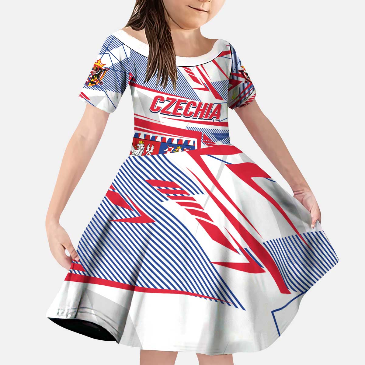 Coat Of Arms Czechia Kid Short Sleeve Dress Czech Republic Sporty Geometric - Wonder Print Shop