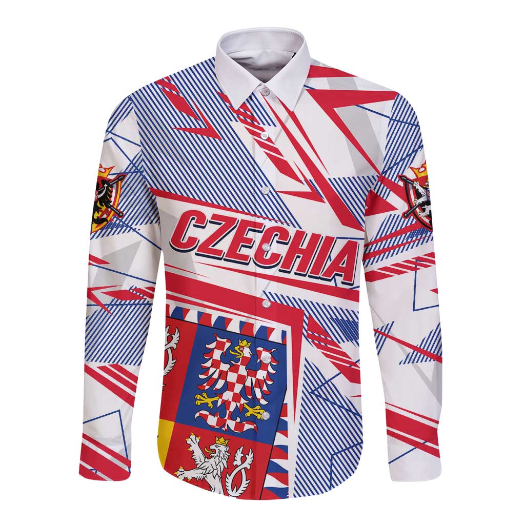 White long-sleeve button shirt with red, blue geometric Czech crest graphic