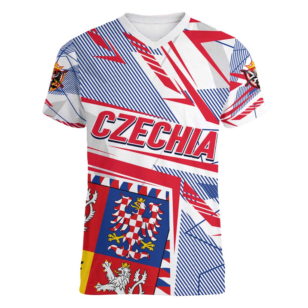 Coat Of Arms Czechia Women V-Neck T-Shirt Czech Republic Sporty Geometric - Wonder Print Shop