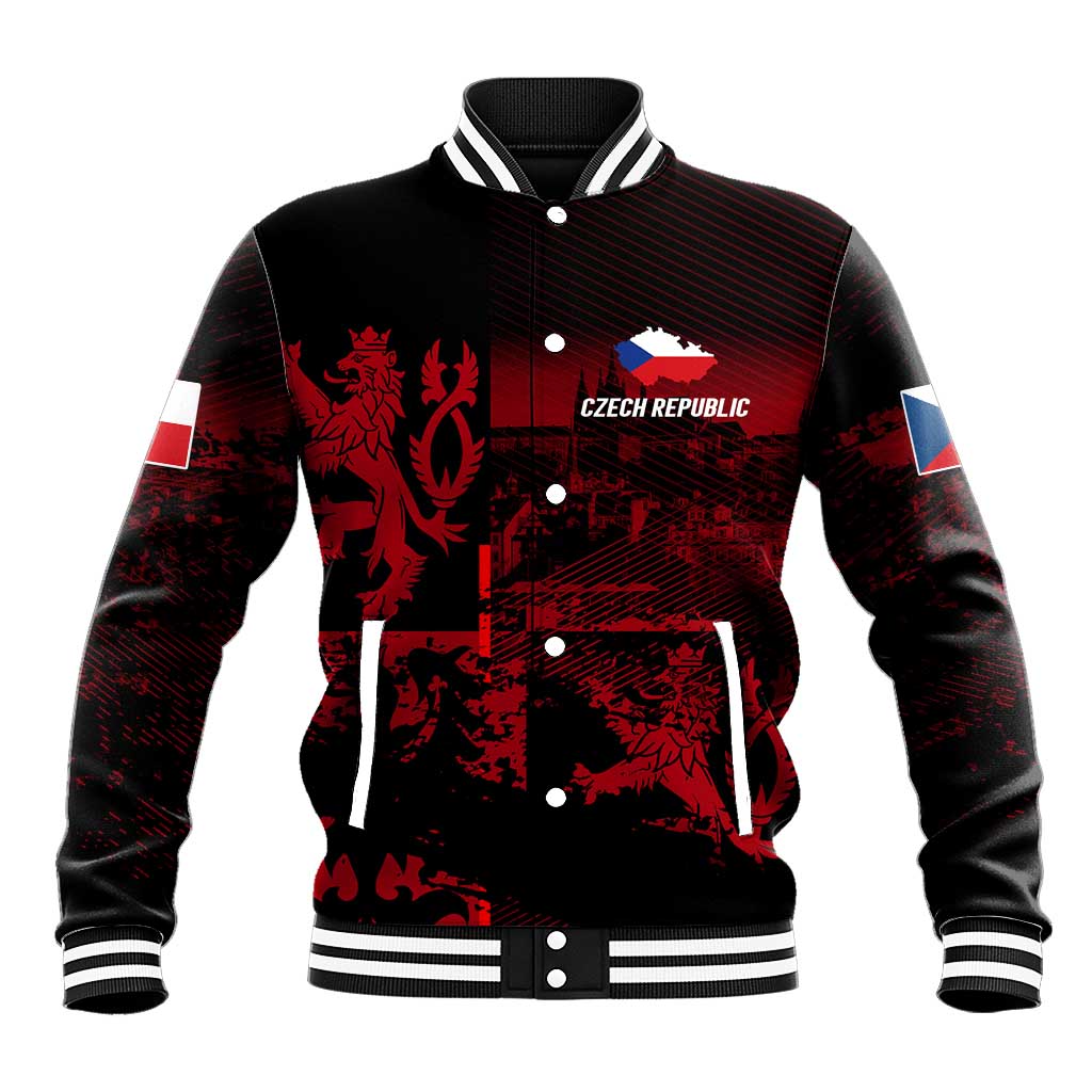 Black and red baseball jacket with lion graphic, ribbed collar, striped cuffs, snap buttons