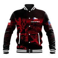 Black and red baseball jacket with lion graphic, ribbed collar, striped cuffs, snap buttons