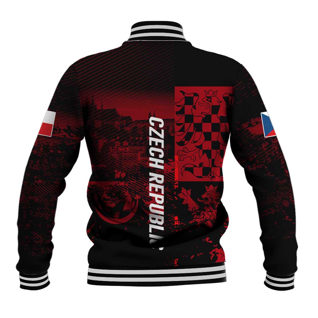 Black and red baseball jacket back with Czech Republic print, lion emblem, ribbed waistband