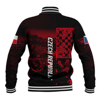 Black and red baseball jacket back with Czech Republic print, lion emblem, ribbed waistband