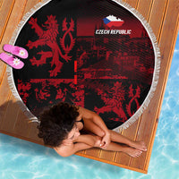 Round black beach blanket with red Czech lion graphic and Czech Republic text, white fringe