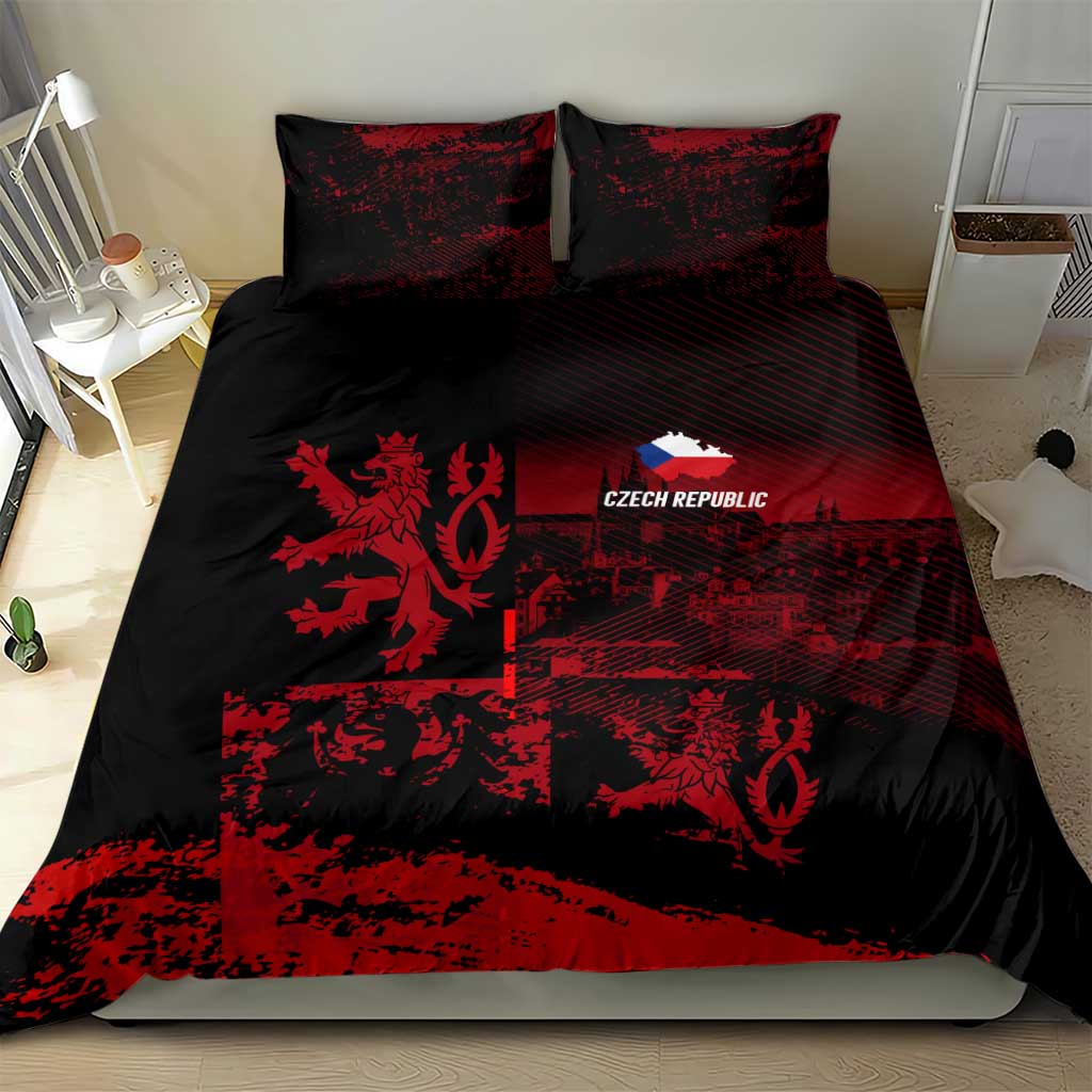 Black and red bedding set with Czech Republic lion crest graphic on duvet and two pillowcases
