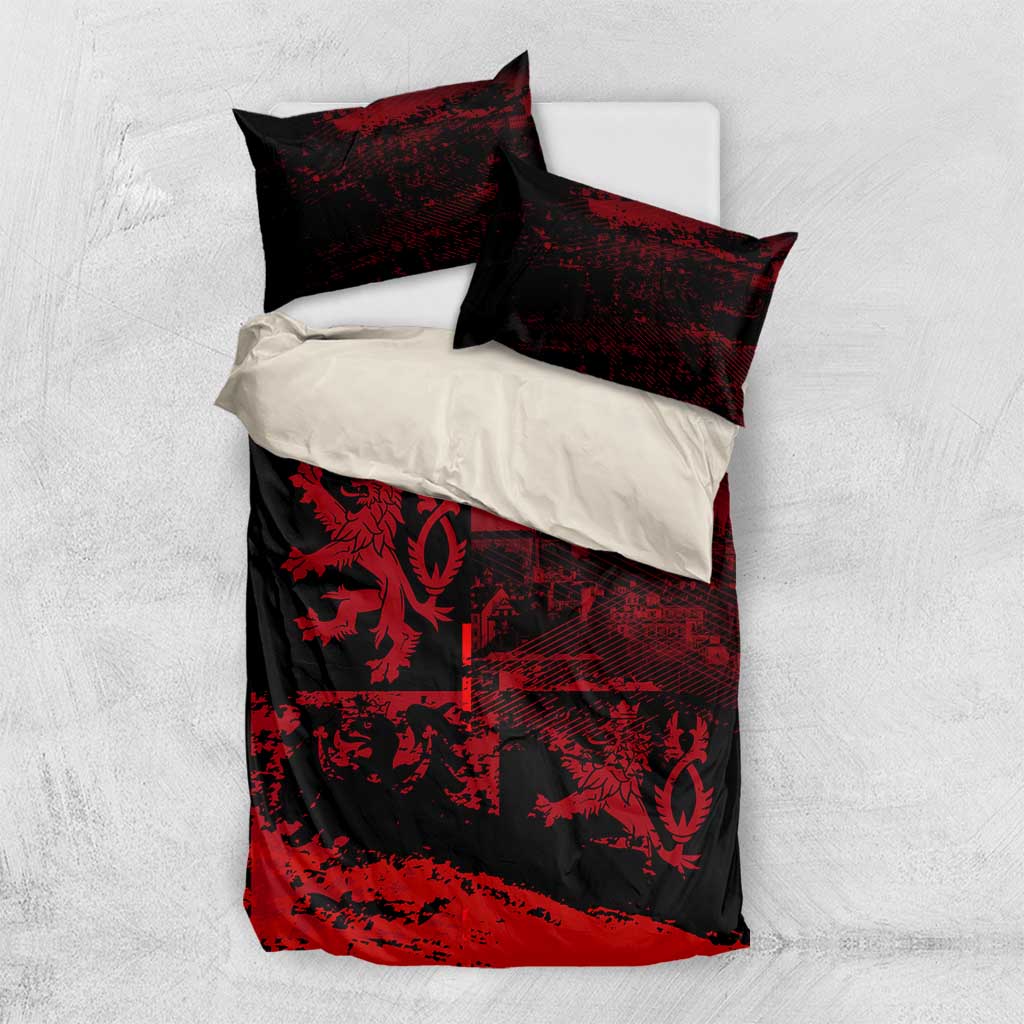Black and red bedding set laid flat with Czech Republic lion crest on duvet and pillowcases