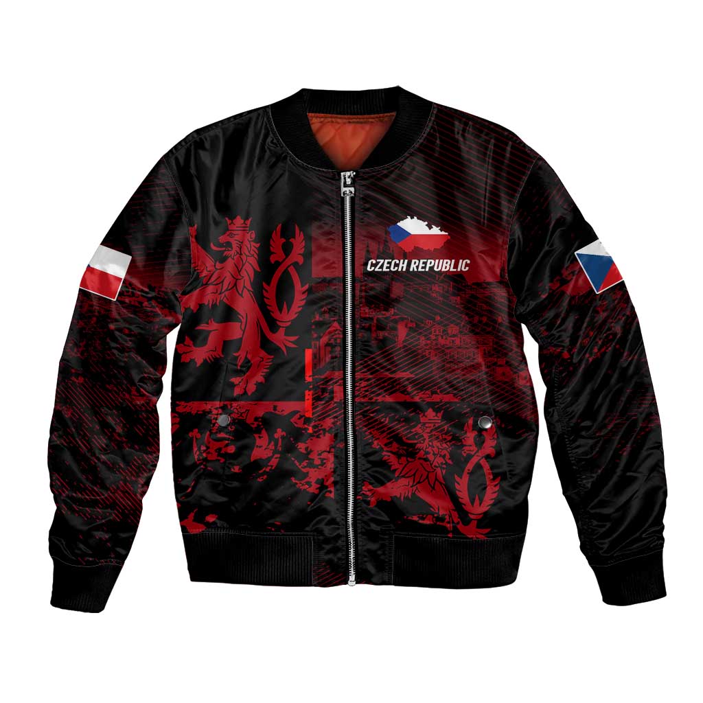 Unisex black bomber jacket with red Czech lion front graphic and zip closure