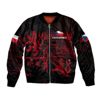 Unisex black bomber jacket with red Czech lion front graphic and zip closure