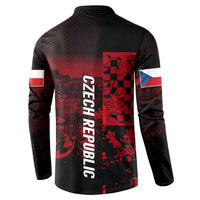 Black back button sweatshirt with red checker lion graphic and vertical Czech text