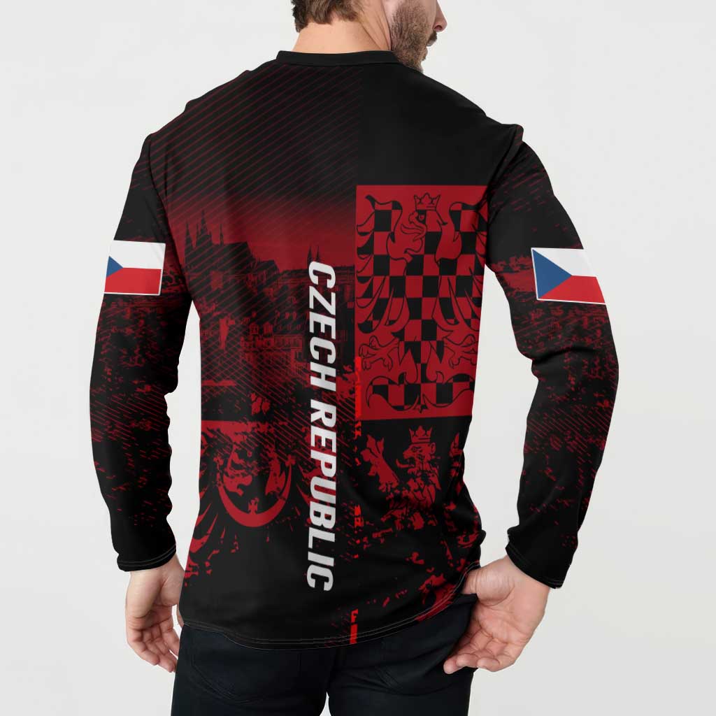Black back button sweatshirt with red checker pattern, lion shields, and Czech text