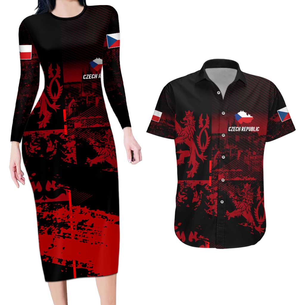 Czech Republic Lion Couples Matching Long Sleeve Bodycon Dress and Hawaiian Shirt Czechia Black Red - Wonder Print Shop