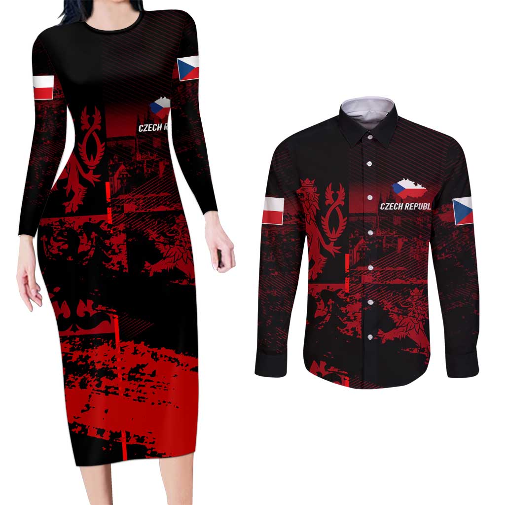 Czech Republic Lion Couples Matching Long Sleeve Bodycon Dress and Long Sleeve Button Shirt Czechia Black Red - Wonder Print Shop