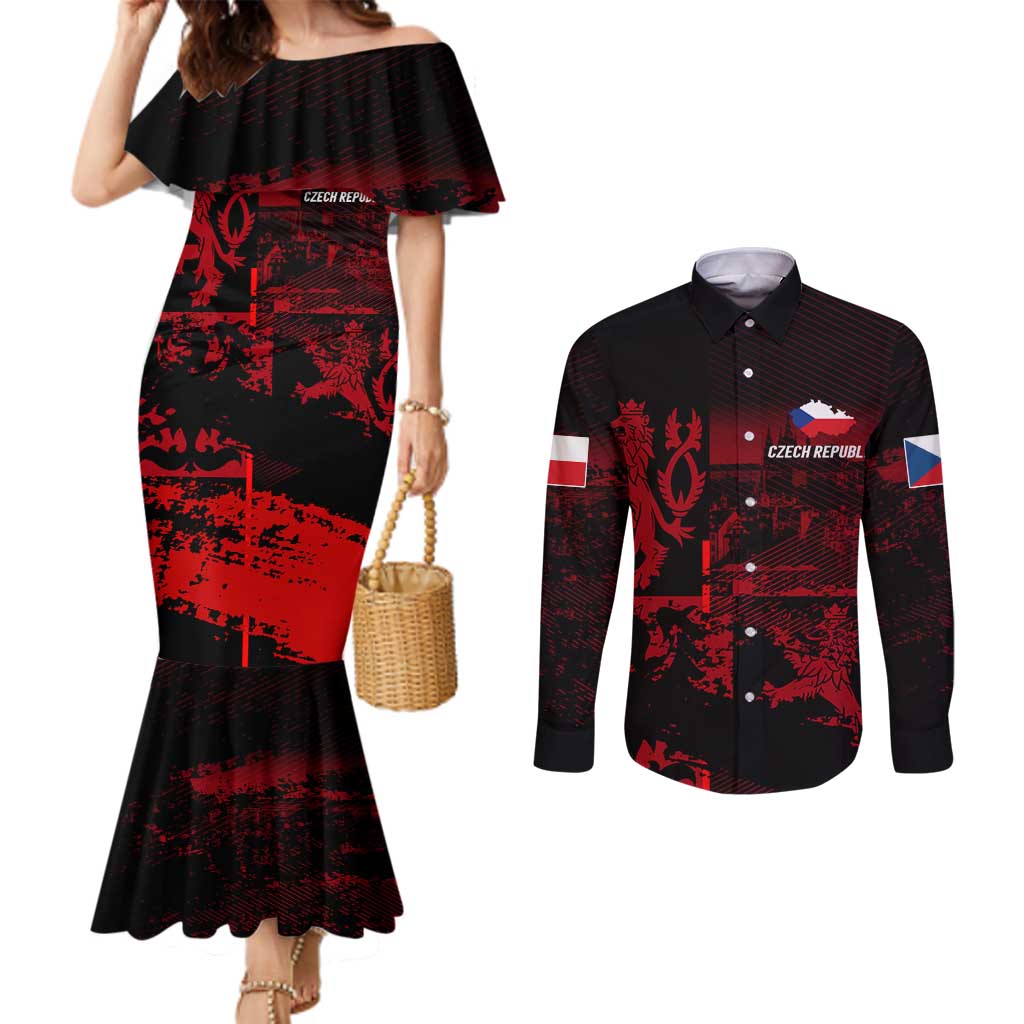 Czech Republic Lion Couples Matching Mermaid Dress and Long Sleeve Button Shirt Czechia Black Red