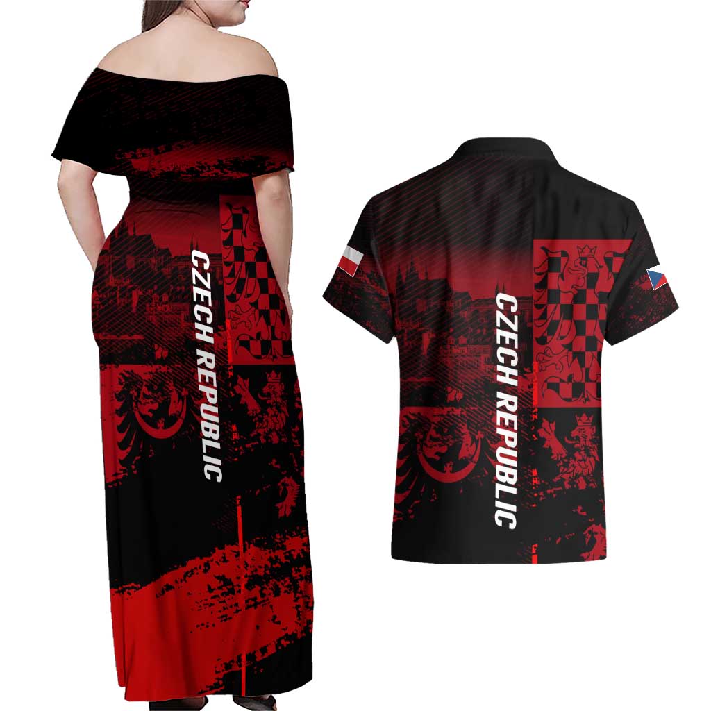 Czech Republic Lion Couples Matching Off Shoulder Maxi Dress and Hawaiian Shirt Czechia Black Red - Wonder Print Shop