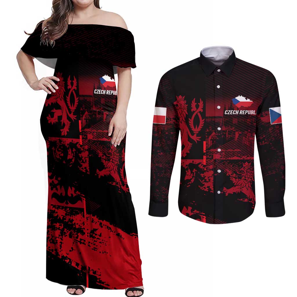 Czech Republic Lion Couples Matching Off Shoulder Maxi Dress and Long Sleeve Button Shirt Czechia Black Red - Wonder Print Shop