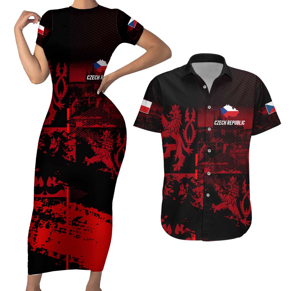 Czech Republic Lion Couples Matching Short Sleeve Bodycon Dress and Hawaiian Shirt Czechia Black Red - Wonder Print Shop