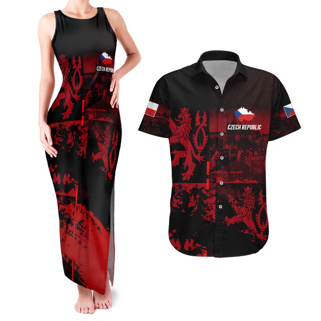 Czech Republic Lion Couples Matching Tank Maxi Dress and Hawaiian Shirt Czechia Black Red - Wonder Print Shop