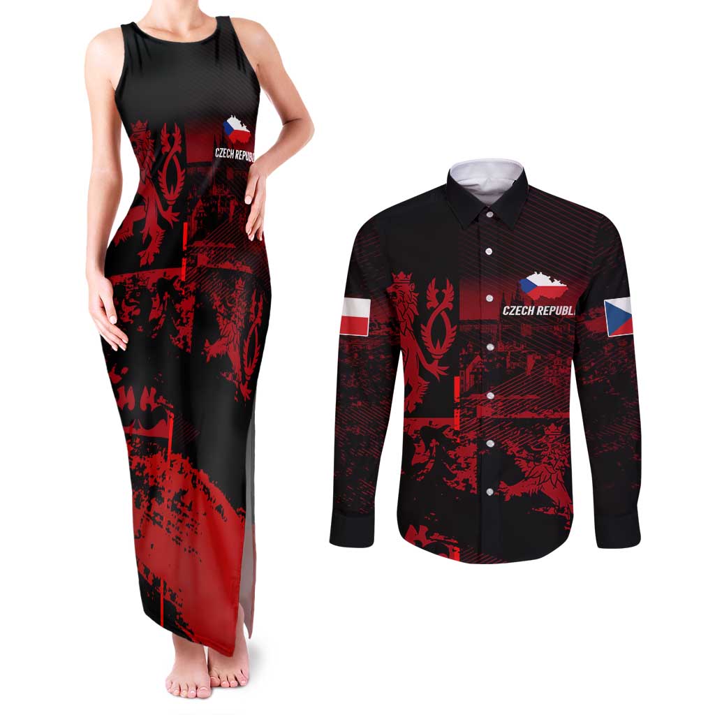 Czech Republic Lion Couples Matching Tank Maxi Dress and Long Sleeve Button Shirt Czechia Black Red - Wonder Print Shop