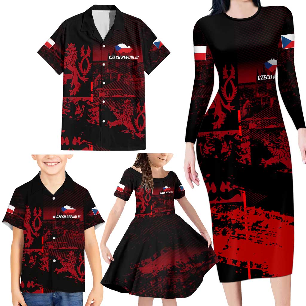 Czech Republic Lion Family Matching Long Sleeve Bodycon Dress and Hawaiian Shirt Czechia Black Red - Wonder Print Shop