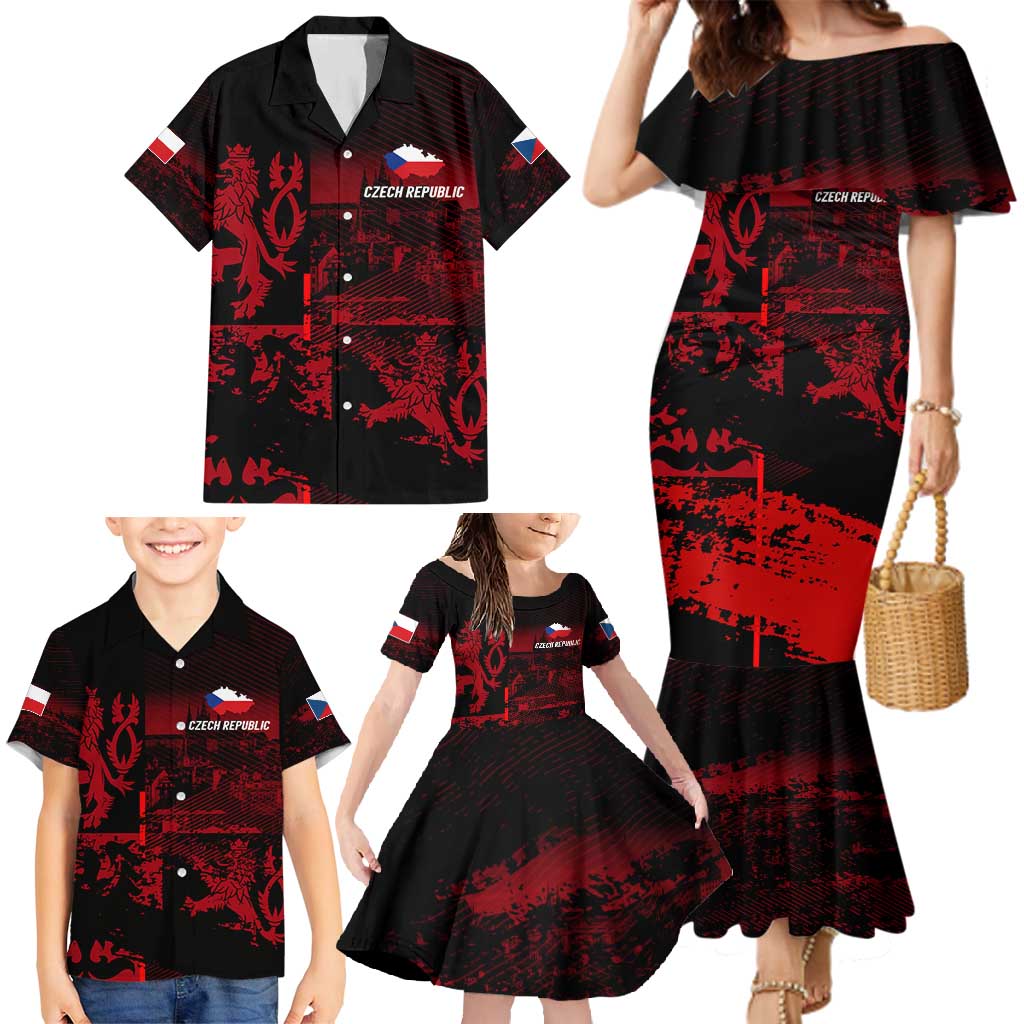 Czech Republic Lion Family Matching Mermaid Dress and Hawaiian Shirt Czechia Black Red - Wonder Print Shop