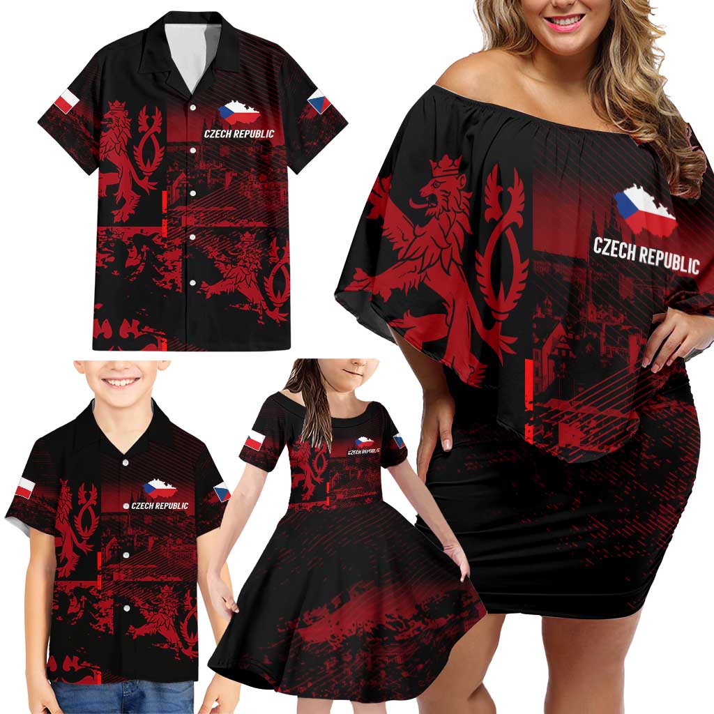 Czech Republic Lion Family Matching Off Shoulder Short Dress and Hawaiian Shirt Czechia Black Red - Wonder Print Shop