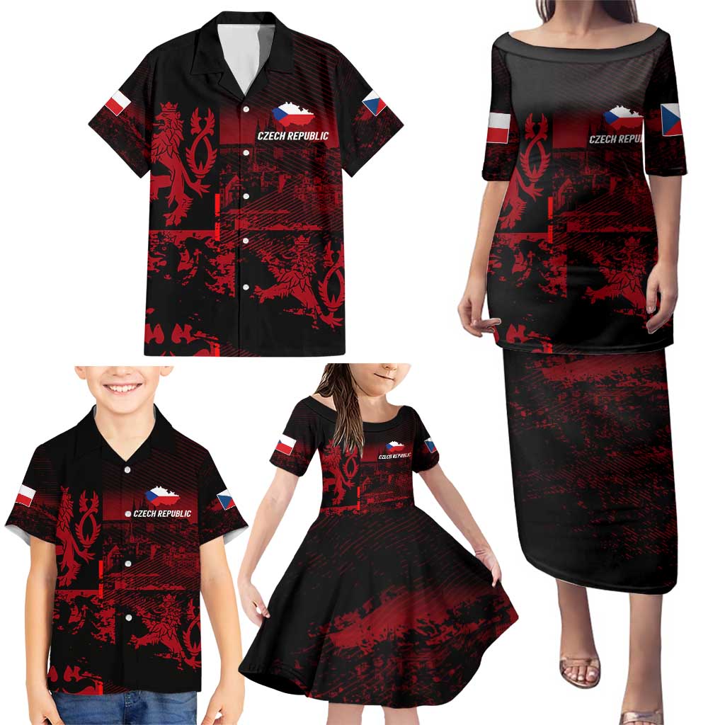 Czech Republic Lion Family Matching Puletasi and Hawaiian Shirt Czechia Black Red - Wonder Print Shop