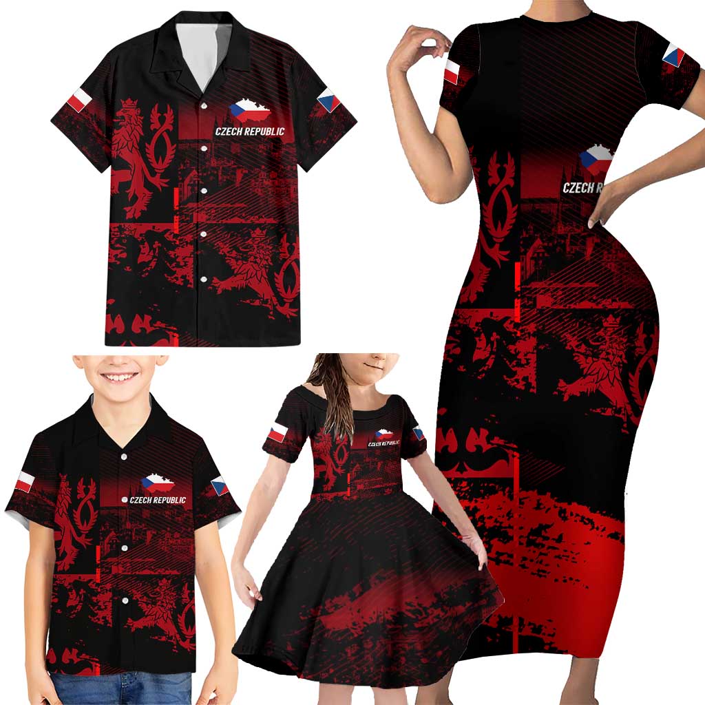 Czech Republic Lion Family Matching Short Sleeve Bodycon Dress and Hawaiian Shirt Czechia Black Red - Wonder Print Shop