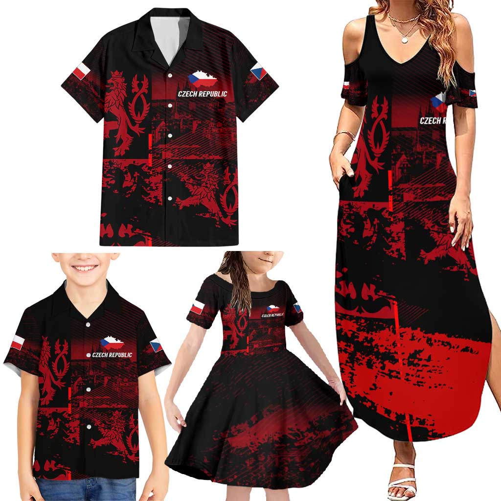 Czech Republic Lion Family Matching Summer Maxi Dress and Hawaiian Shirt Czechia Black Red - Wonder Print Shop