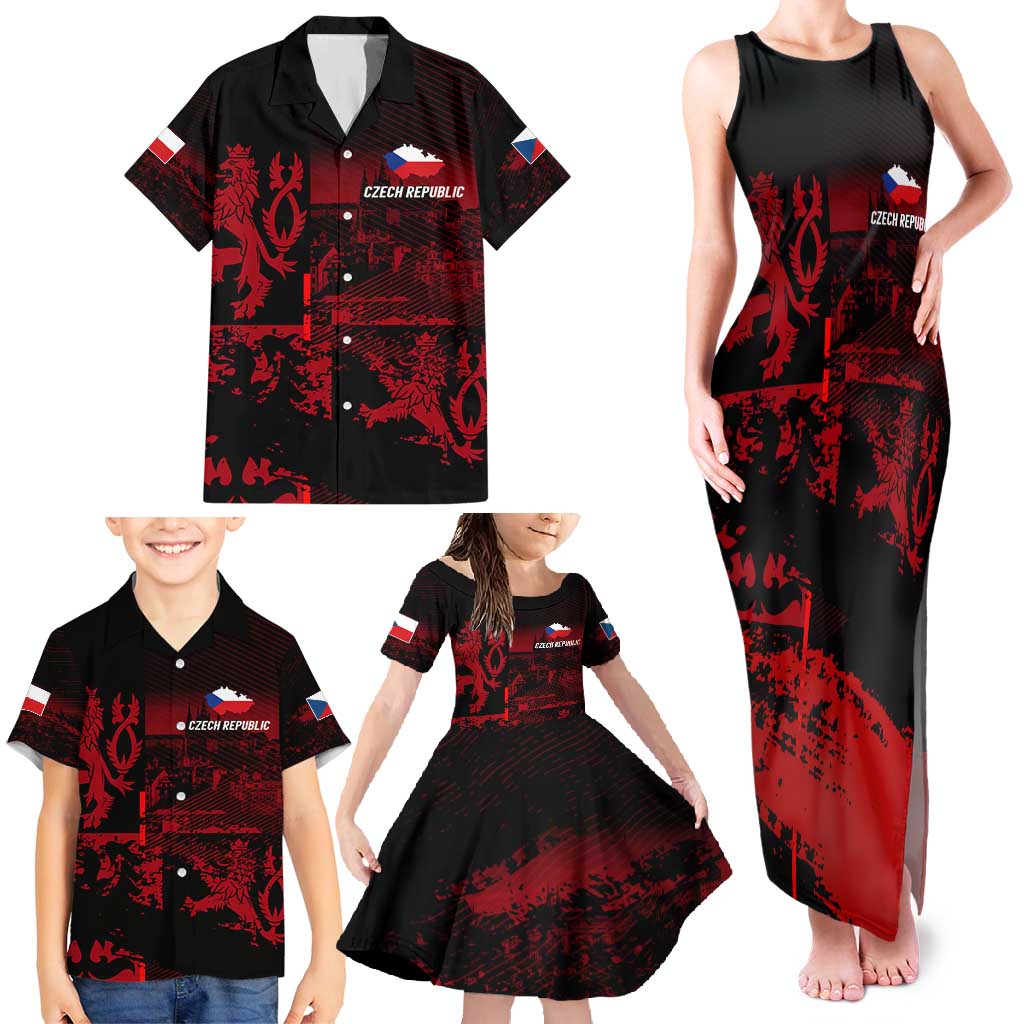 Czech Republic Lion Family Matching Tank Maxi Dress and Hawaiian Shirt Czechia Black Red - Wonder Print Shop