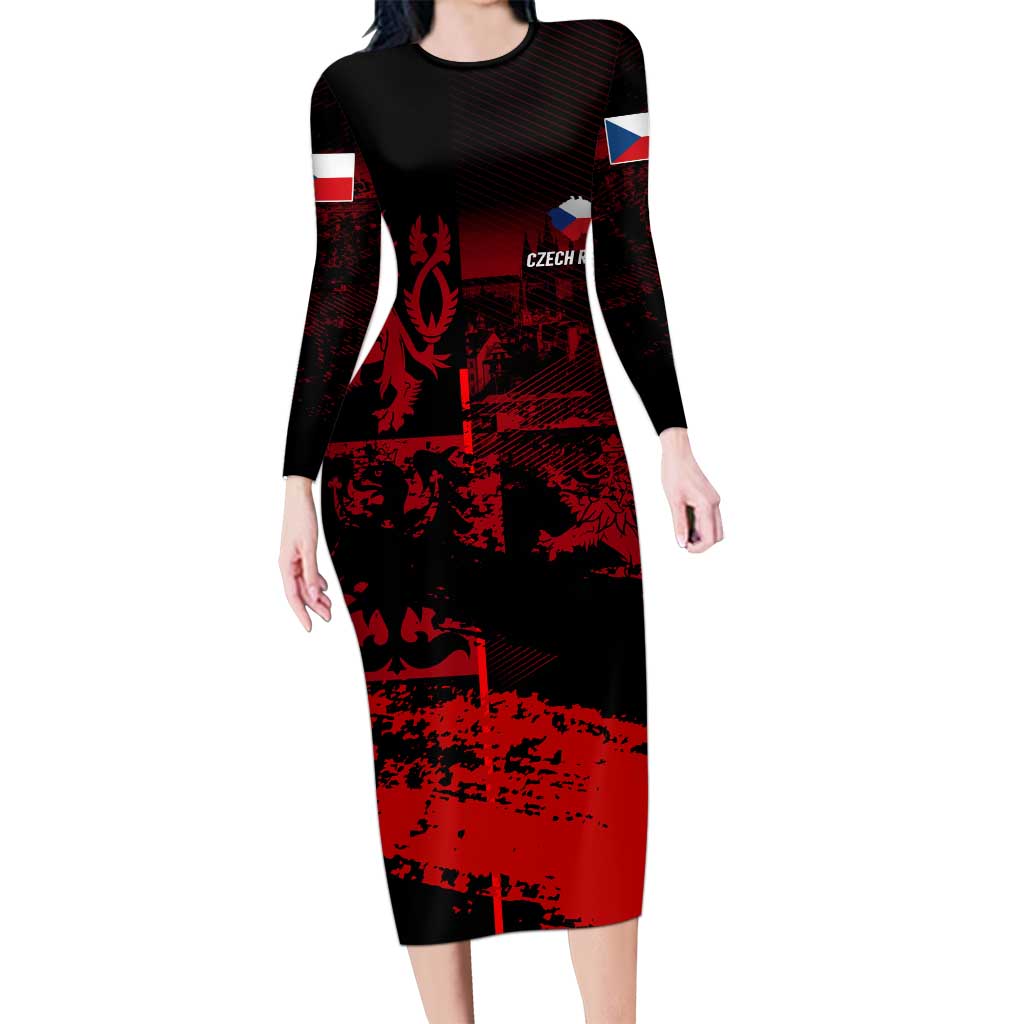 Czech Republic Lion Long Sleeve Bodycon Dress Czechia Black Red - Wonder Print Shop