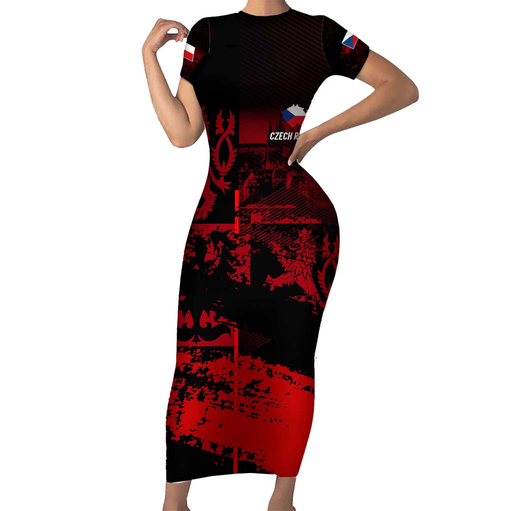 Czech Republic Lion Short Sleeve Bodycon Dress Czechia Black Red - Wonder Print Shop