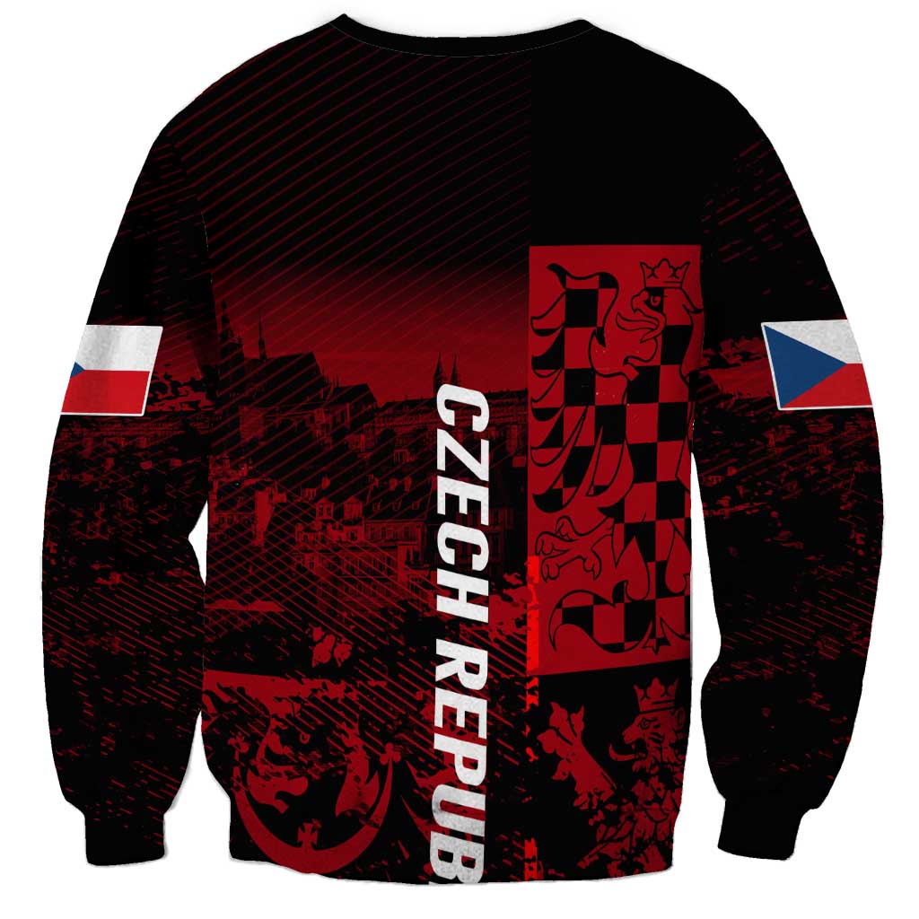 Black crewneck sweatshirt with red checker lion graphic and vertical Czechia lettering