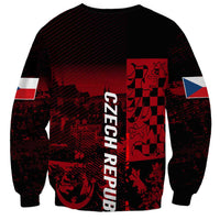 Black crewneck sweatshirt with red checker lion graphic and vertical Czechia lettering