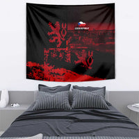 Black and red Czech Republic tapestry with lion emblem and textured skyline design