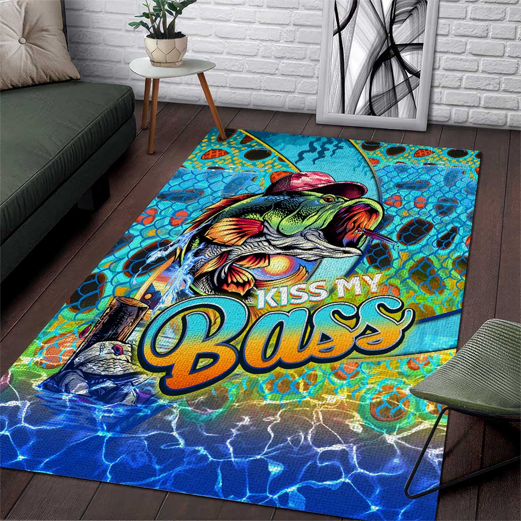 Fish-themed area rug with centered bass illustration and “Kiss My Bass” lettering, blue