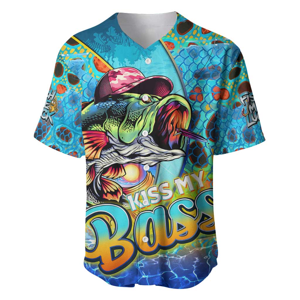 Blue fishing baseball jersey with colorful bass and lure graphic, button-front