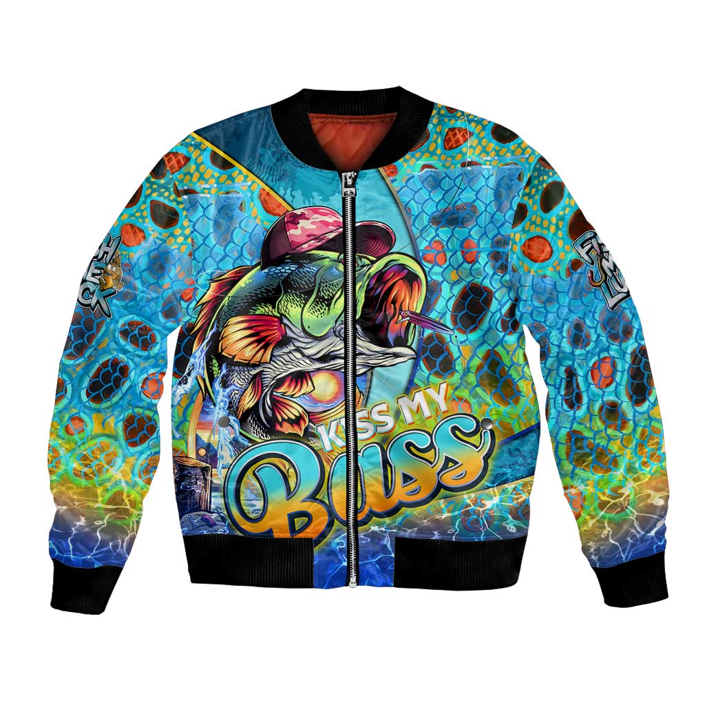 Unisex bomber jacket with colorful fish graphic, front zipper, black ribbed cuffs and hem