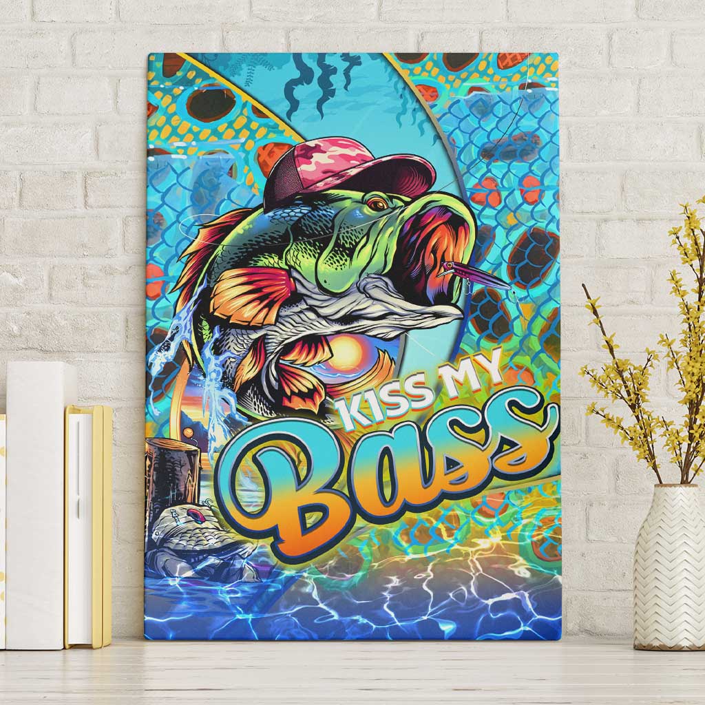 Fishing canvas wall art featuring colorful bass illustration and neon "Kiss My BASS" text