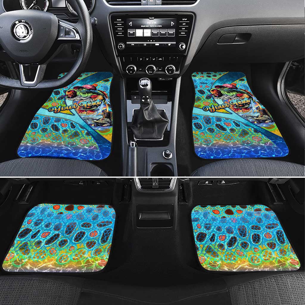 Fish-themed car floor mats set, blue water pattern with colorful bass graphic