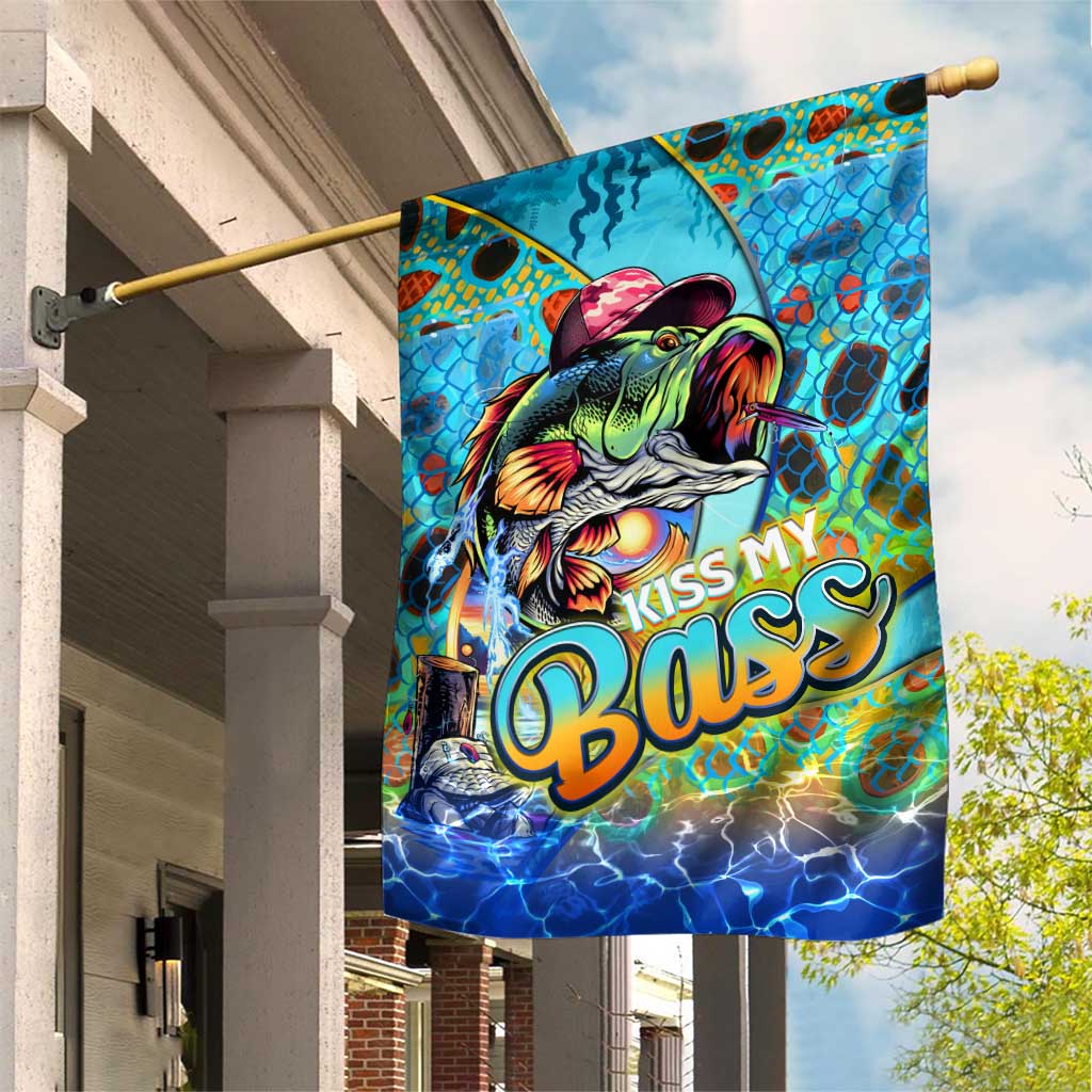 Blue fishing garden flag with colorful bass graphic and “Kiss My Bass” text