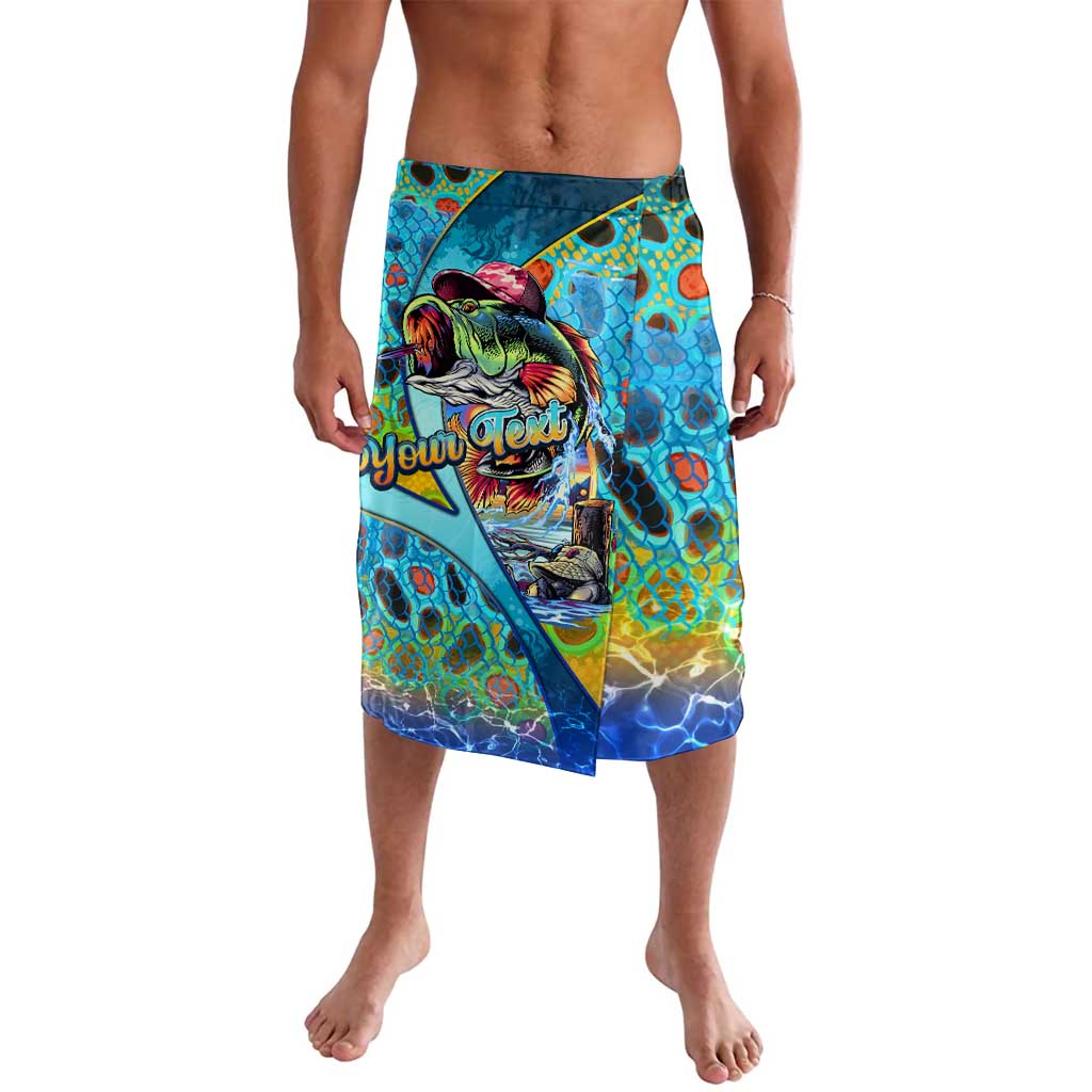 Graphic fish-themed swim shorts with blue, green, yellow, and multicolor print