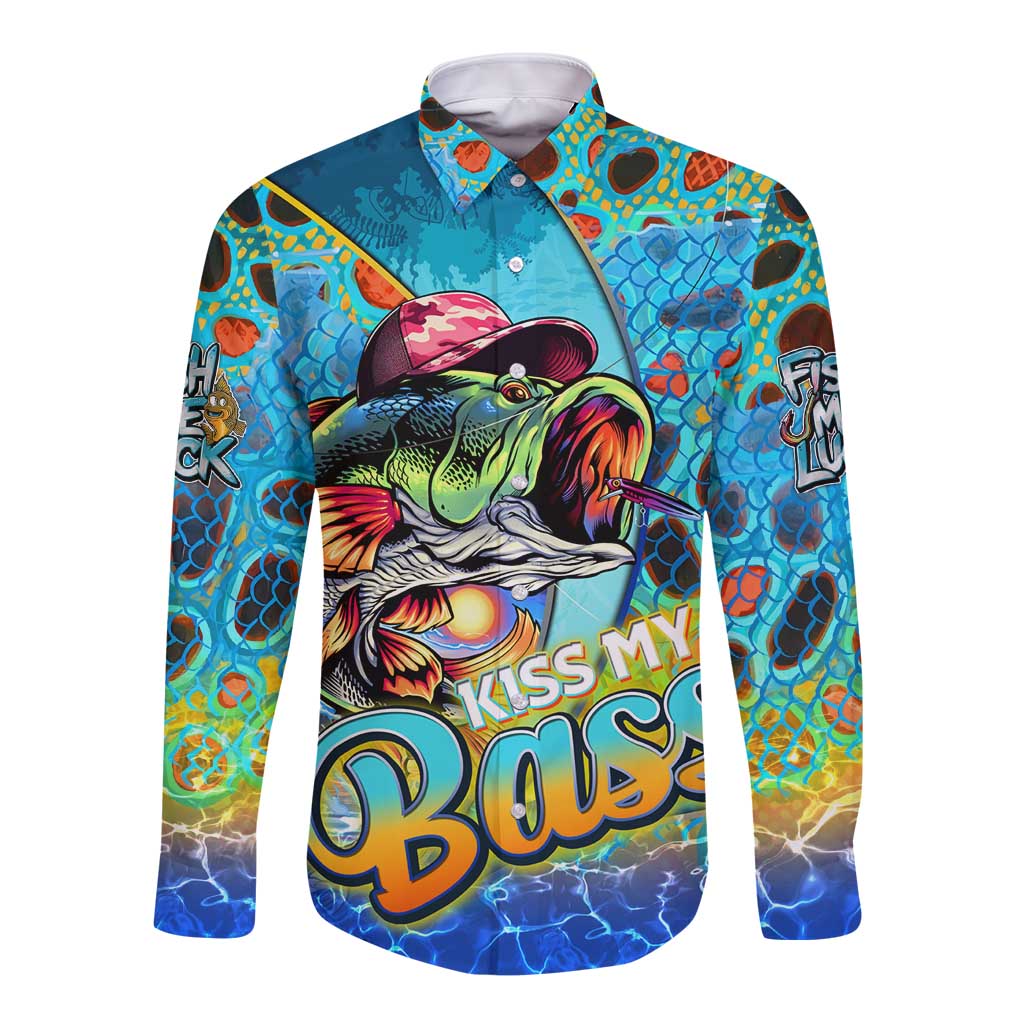 Fishing long sleeve button shirt with colorful fish graphic and Kiss My Bass print