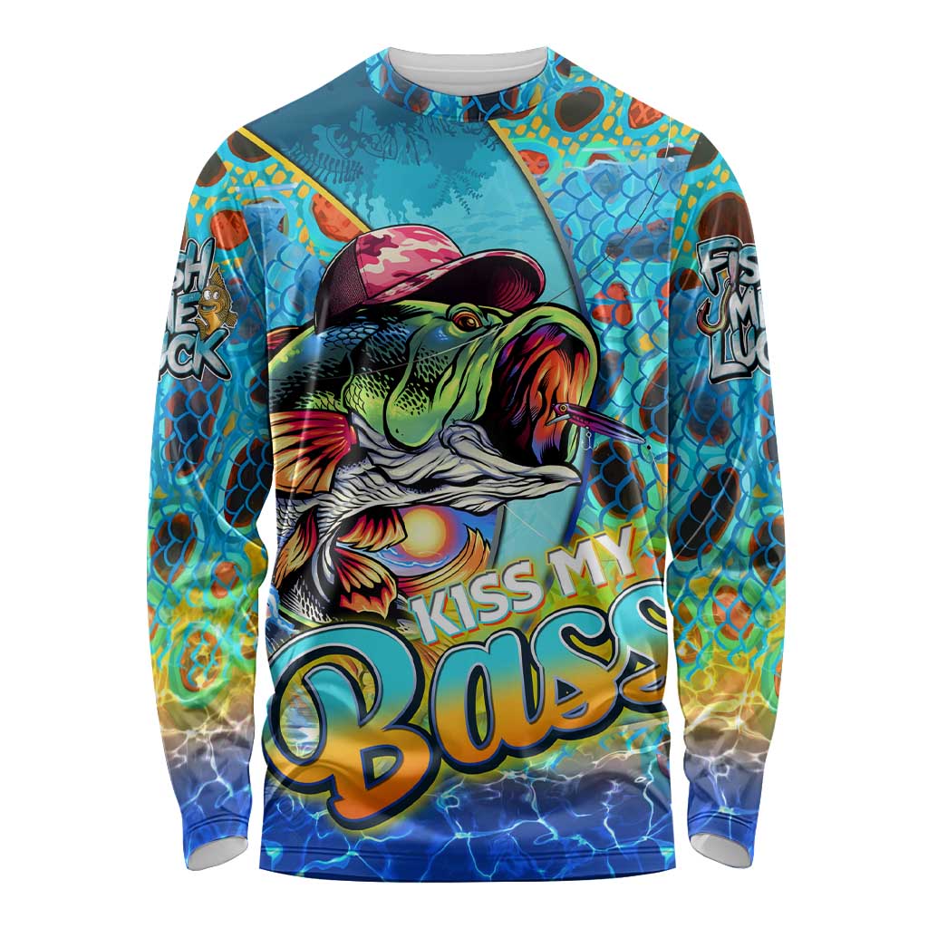 Unisex long-sleeve fishing shirt with colorful bass graphic and camo hat print