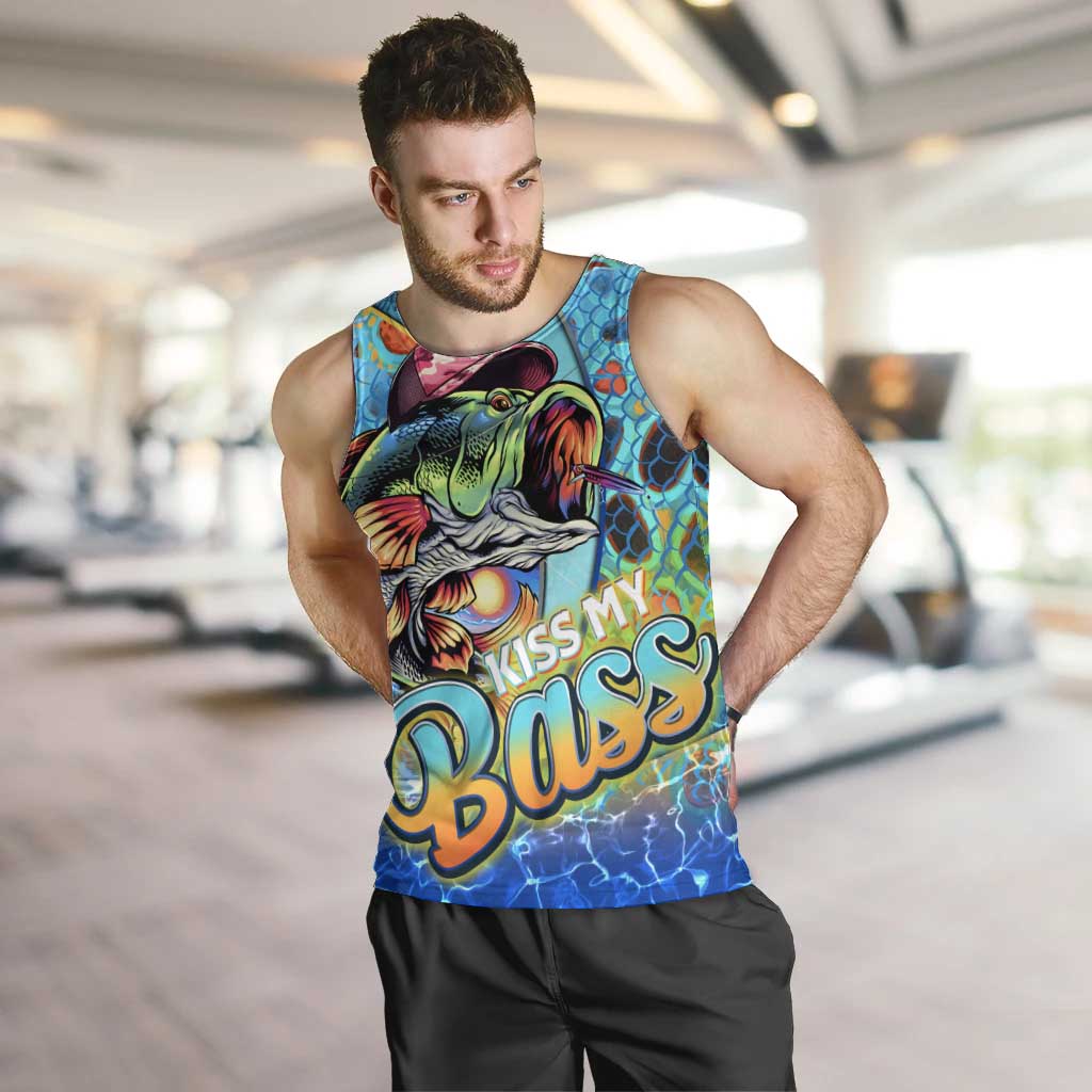 Men's sleeveless tank top with colorful bass fish graphic, blue and teal