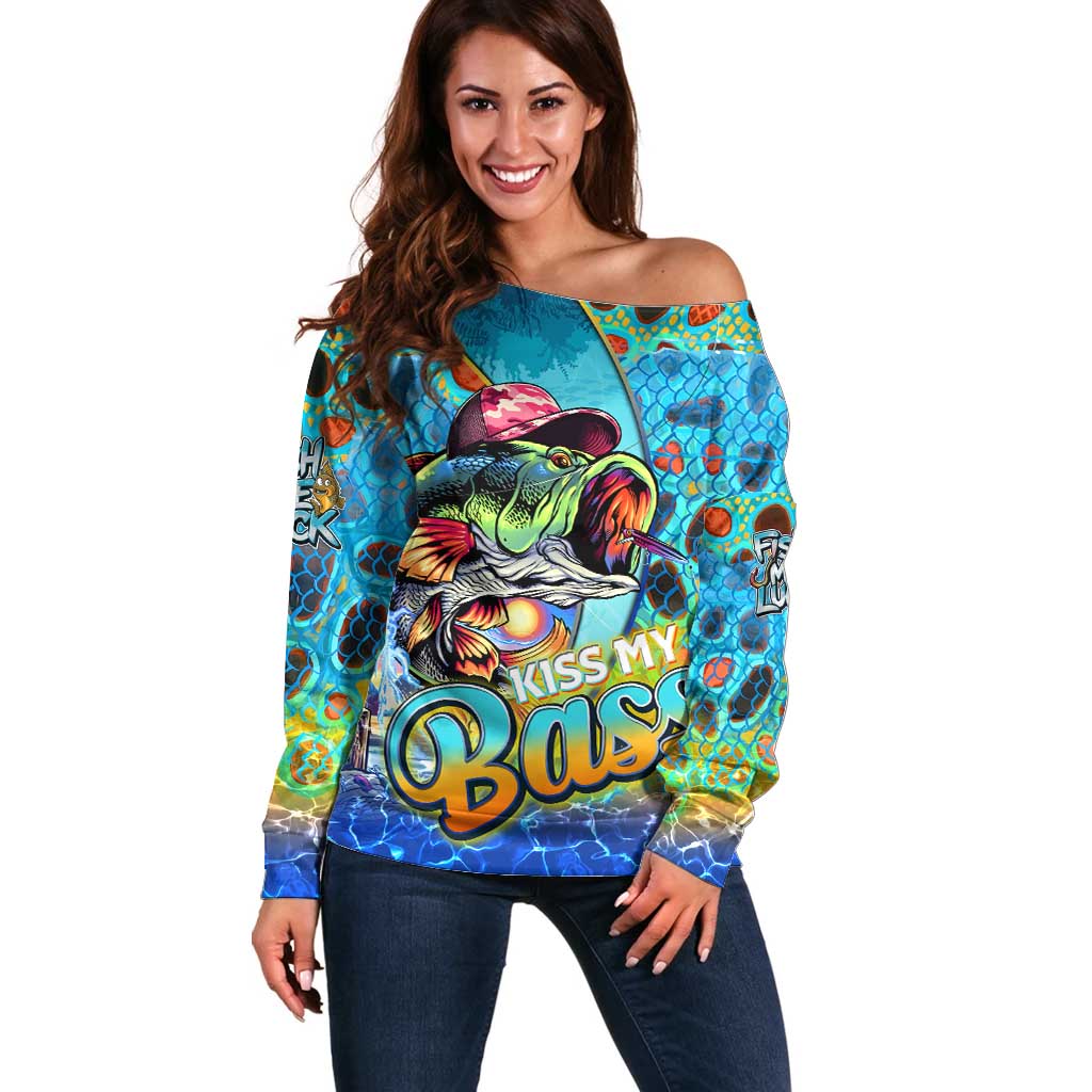 Women’s off-shoulder sweater with colorful bass fish graphic, teal blue pattern