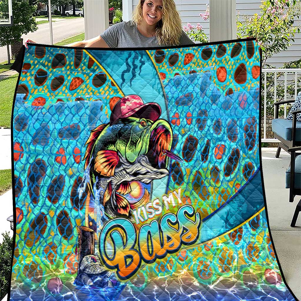 Bass fish graphic quilt, blue and teal scales with “Kiss My Bass” text, square throw