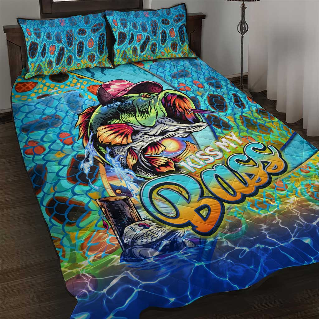 Fishing quilt bed set with teal blue fish, neon pattern, and matching pillow covers