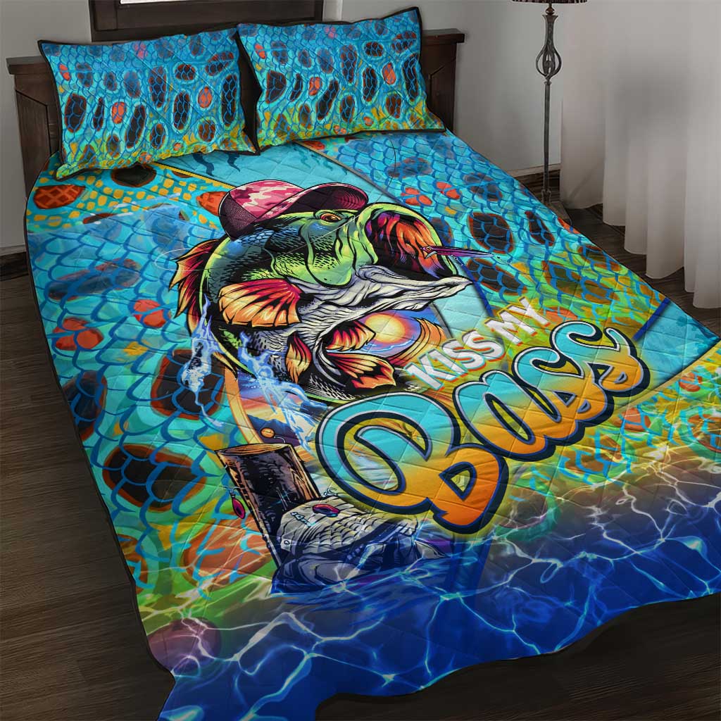 Kiss My Bass Fishing Quilt Bed Set Fish Me Luck - Wonder Print Shop